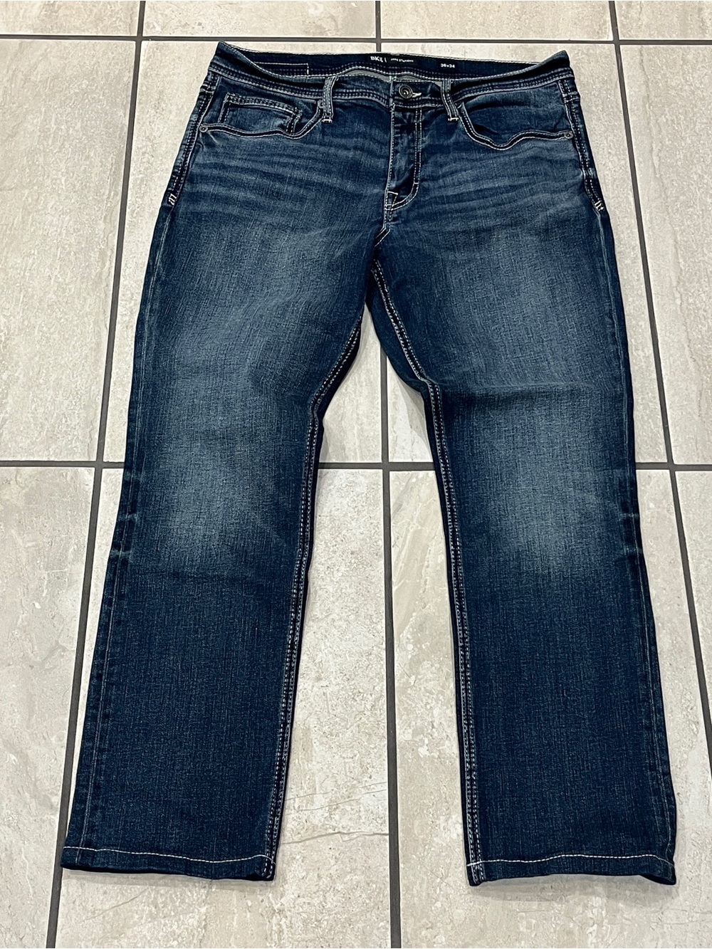 BKE Jake Men's Jeans 36x29 Dark Wash Whiskered Denim Straight Leg Relaxed